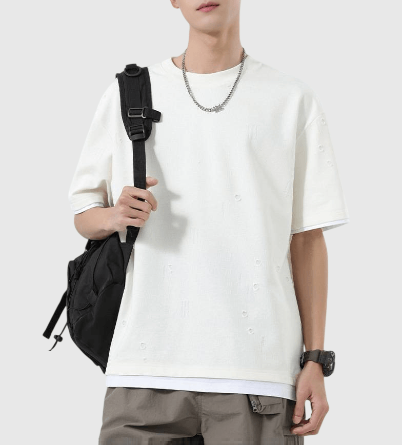 復古細破口造舊假兩件式設計 短袖 T-Shirt [SBT-1494]