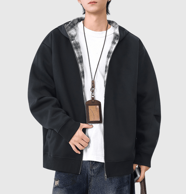 復古內層格仔紋理拼接 連帽拉鍊長袖衛衣外套 [SBO-1426]