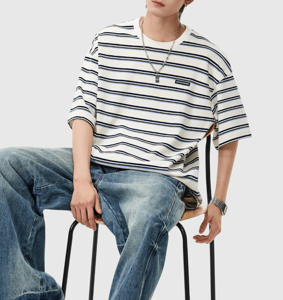 復古層次撞色橫間條紋 短袖 T-Shirt [SBT-1475]