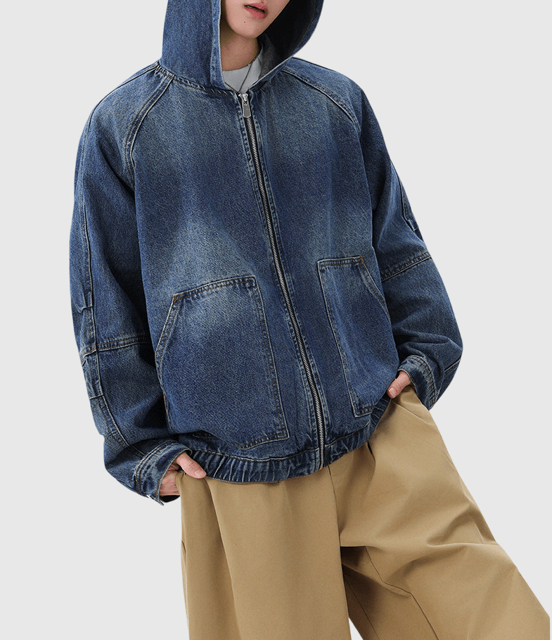 復古水洗前袋縫紉工裝 連帽牛仔外套 [CBJ-1075]
