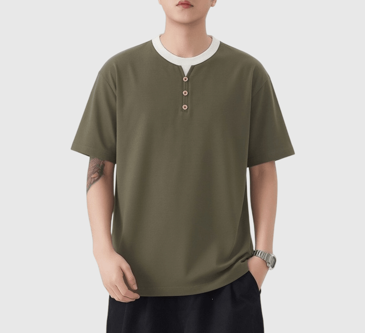 復古色系層次假兩件式鈕扣設計 短袖 T-Shirt [SBT-1569]
