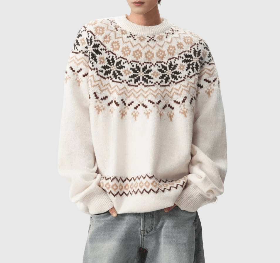 復古半民族風提花圖案 圓領針織毛衣 [SBK-1127]