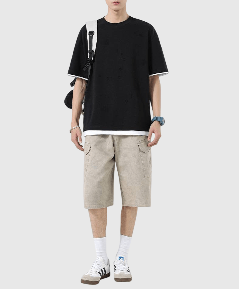 復古細破口造舊假兩件式設計 短袖 T-Shirt [SBT-1494]