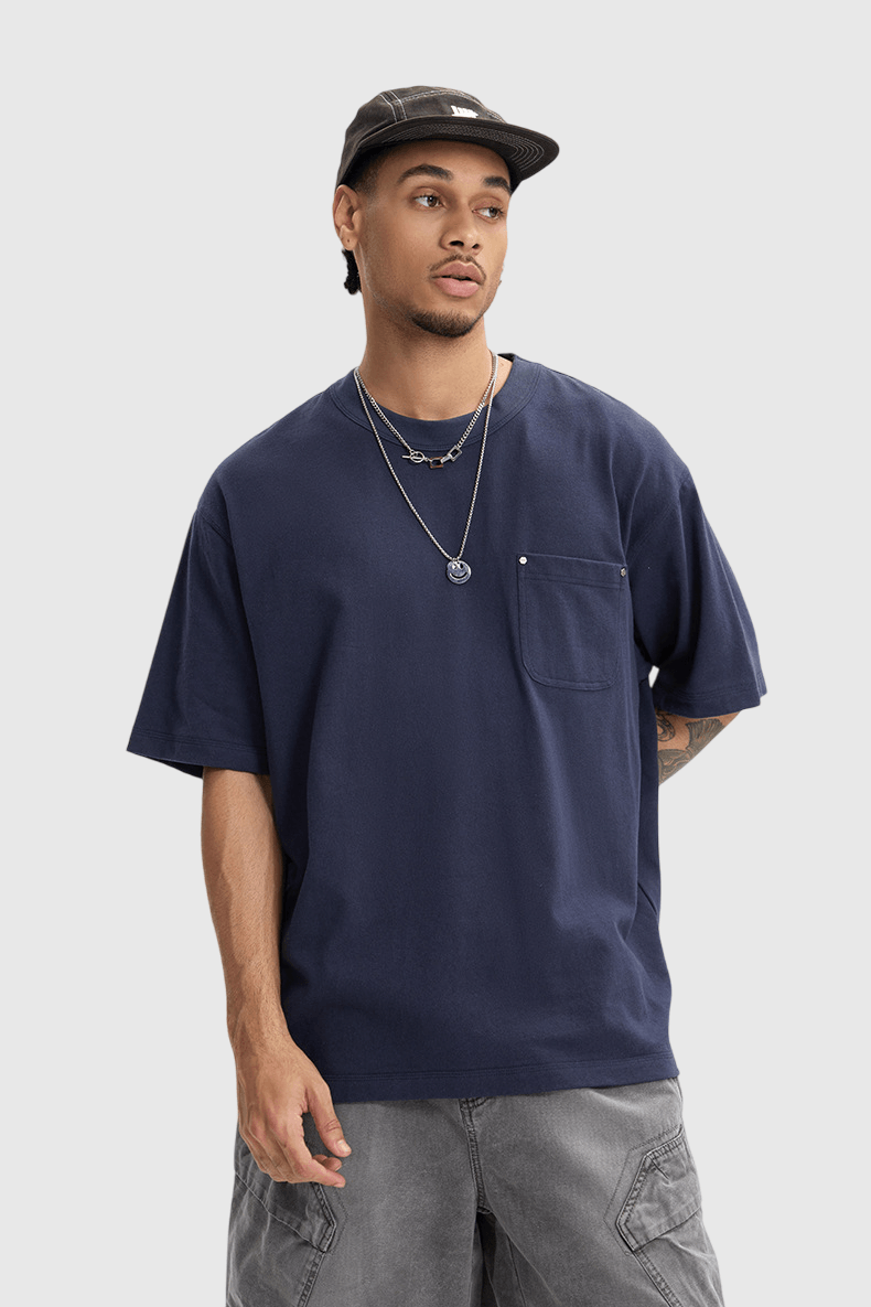 復古前袋鉚釘縫線設計 麻質短袖 T-Shirt [CBT-1271]