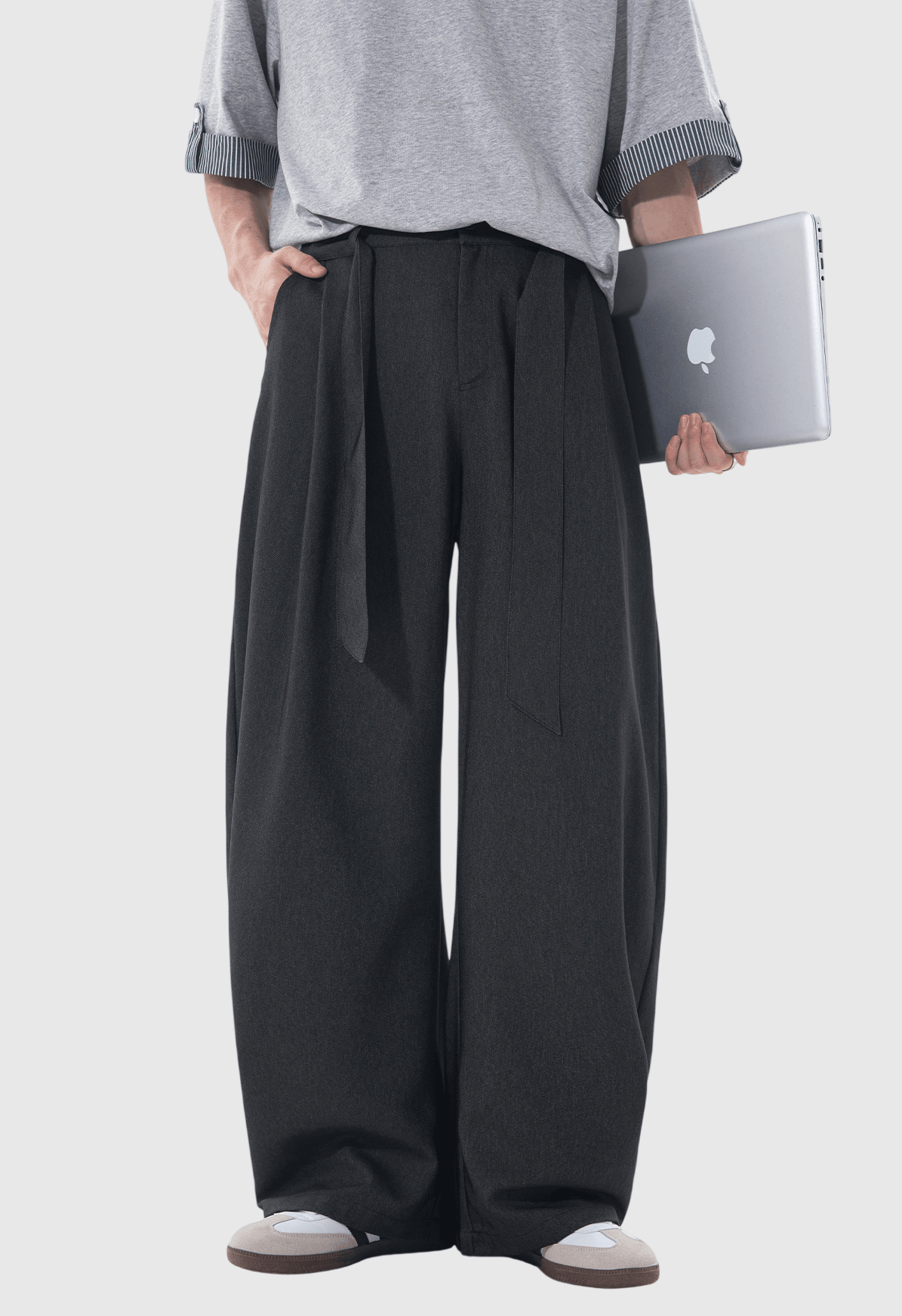 日系基礎闊腰繩設計 仿牛仔布闊腿直筒垂感長褲 [SBP-1203]