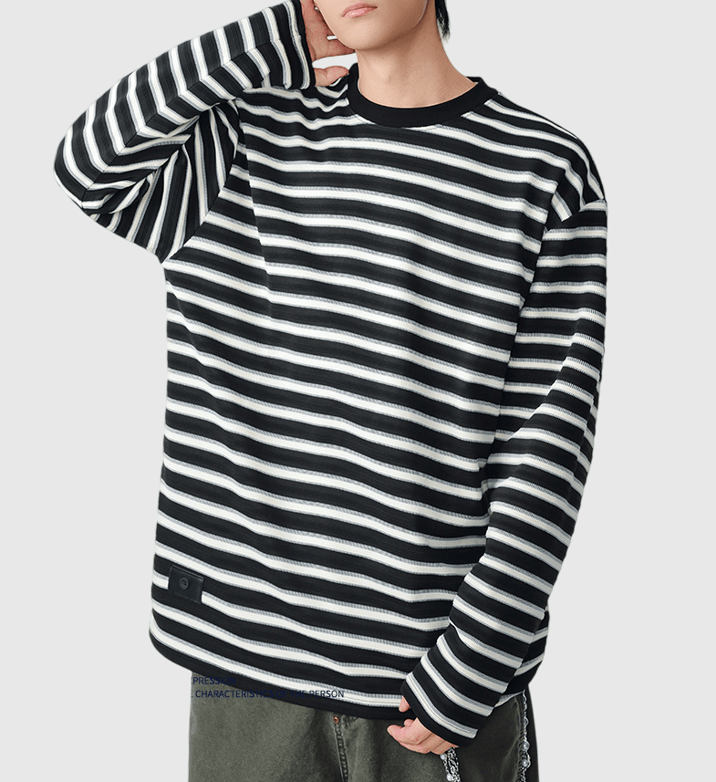 復古橫間條紋撞色立體編織 長袖 T-Shirt [SBT-1455]