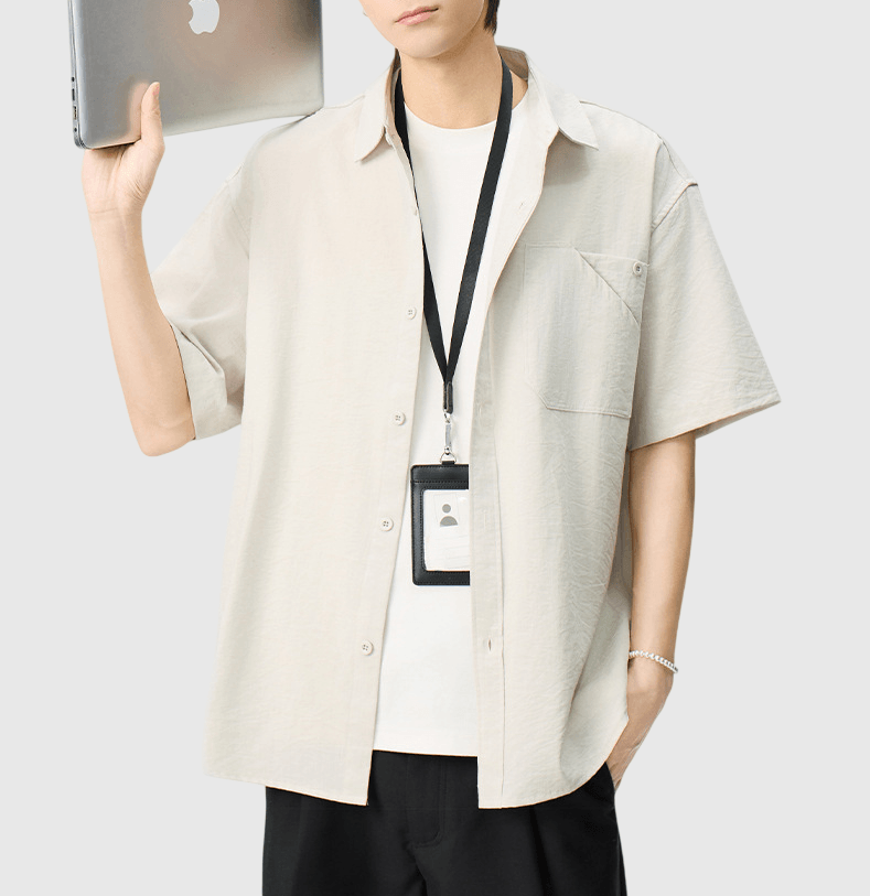 復古基礎層次前袋重疊縫線設計 透氣短袖恤衫 [SBS-1397]
