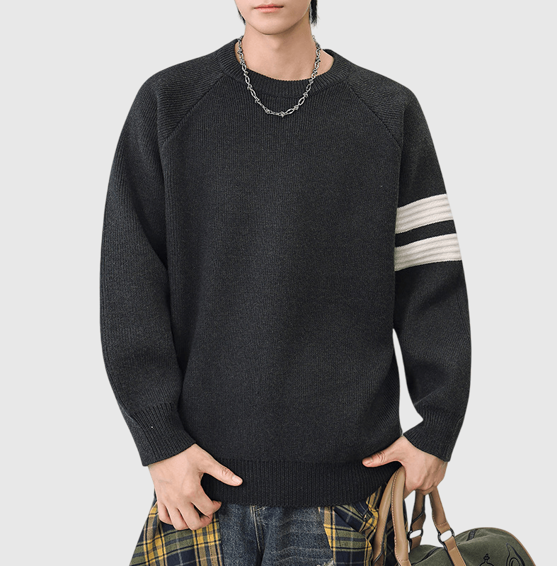 日系手袖條紋縫紉 圓領針織毛衣 [SBK-1128]