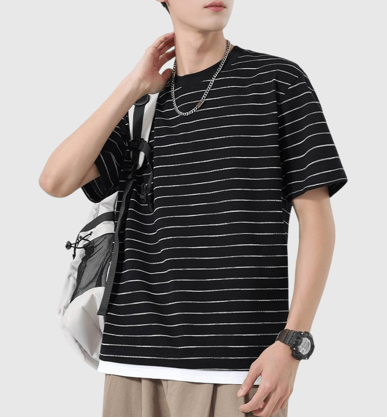 日系漸變色條紋假兩件式設計 短袖 T-Shirt [SBT-1491]