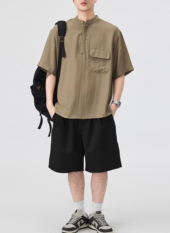 復古前袋設計 亨利領麻質透氣短袖 T-Shirt [SBT-1450]
