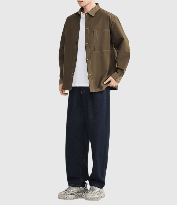 日系復古輯明線領口格紋拼接 長袖恤衫 [SBS-1381]