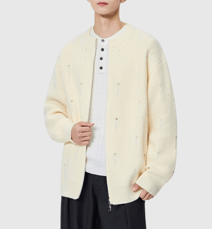 日系不規則破洞 針織圓領開胸外套 [SBO-1503]