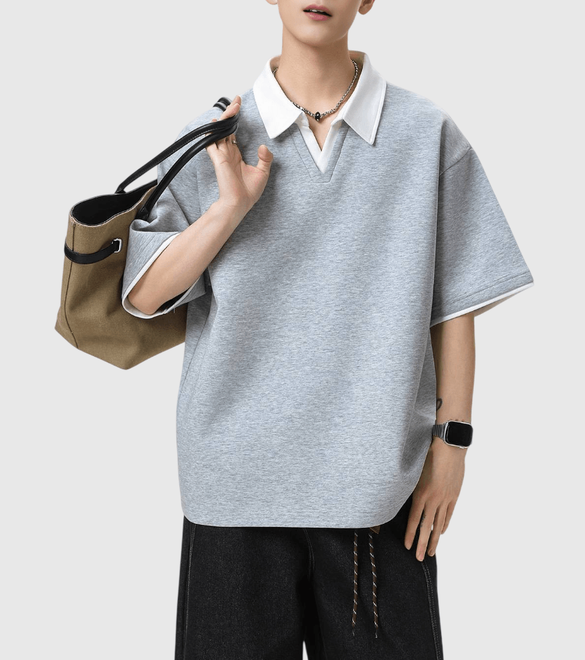 日系假兩件式縫線撞色 V 領設計 短袖 POLO T-Shirt [SBT-1503]