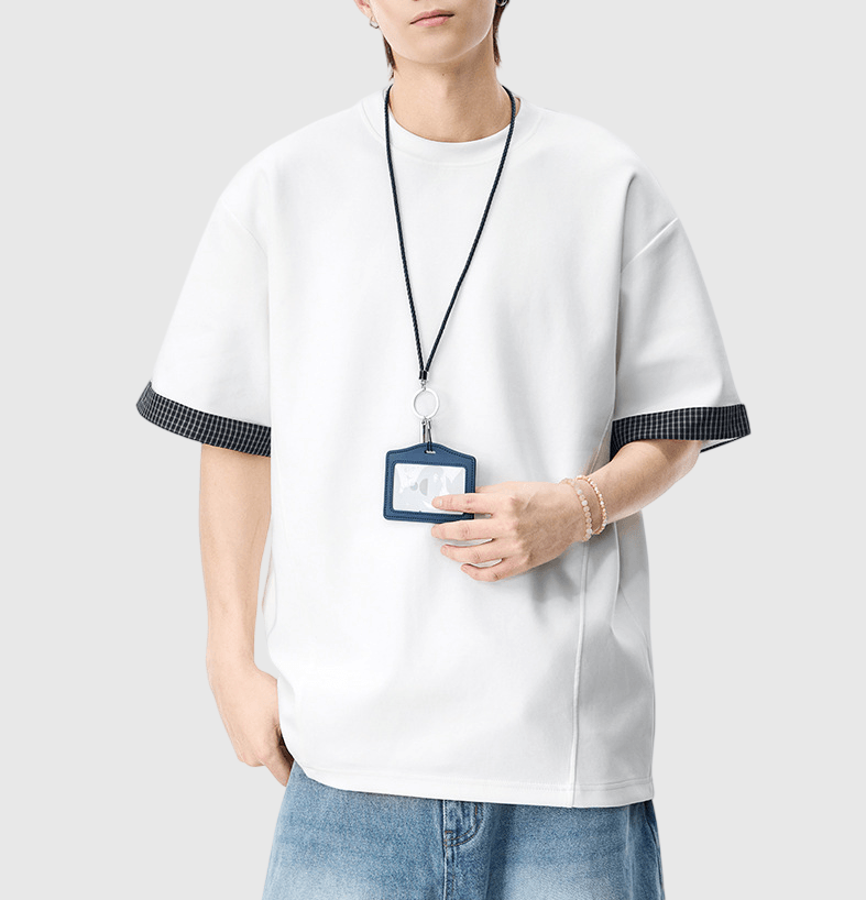 日系手袖格紋縫紉設計 短袖T-Shirt [SBT-1507]