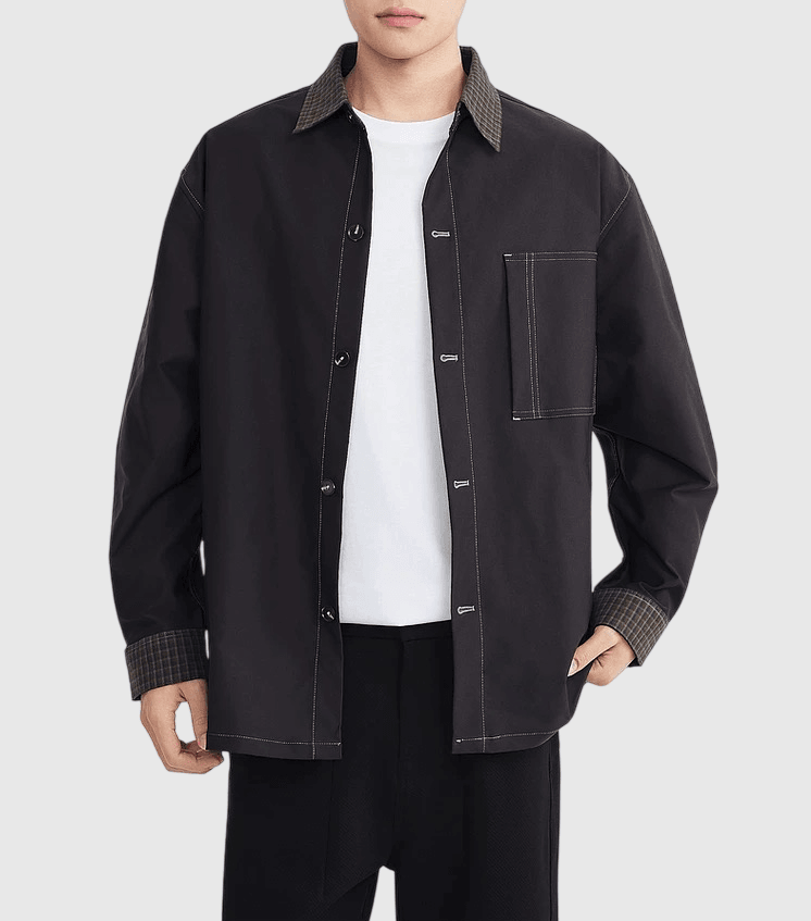 日系復古輯明線領口格紋拼接 長袖恤衫 [SBS-1381]