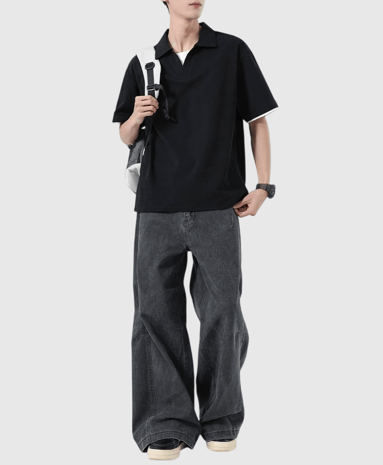 日系基礎假兩件式縫線 V 領設計 短袖 POLO T-Shirt [SBT-1498]