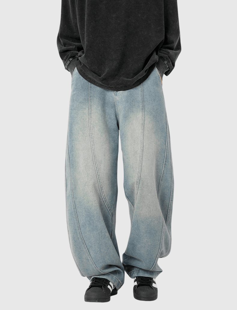 復古洗水立體縫線設計 闊腳牛仔直筒長褲 [SBP-1189]