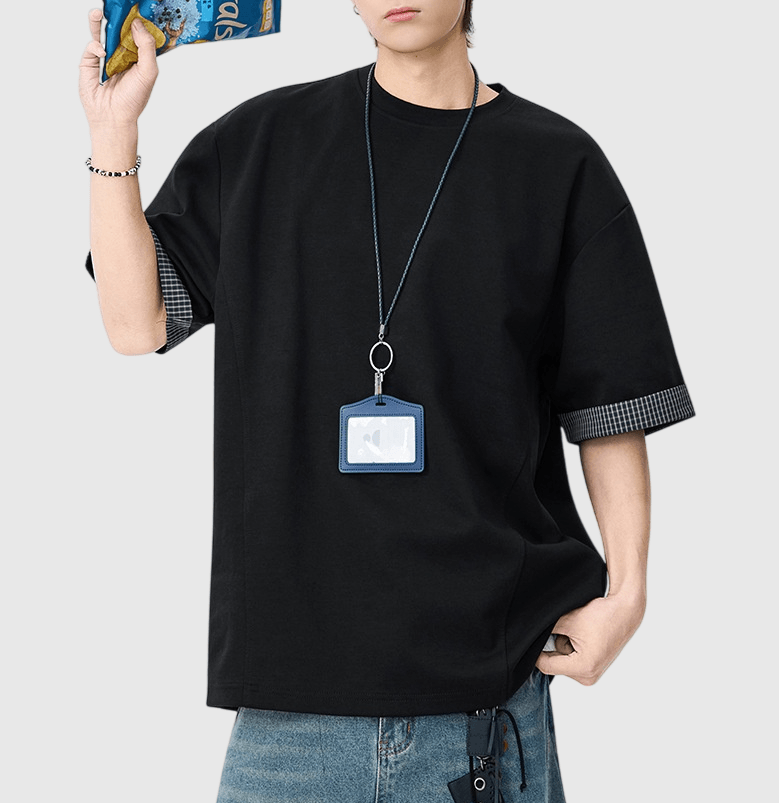 日系手袖格紋縫紉設計 短袖T-Shirt [SBT-1507]