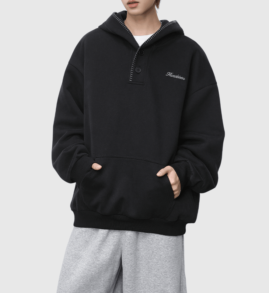 日系帽簷撞色縫線設計 半開領鈕扣連帽衛衣 [SBH-1344]