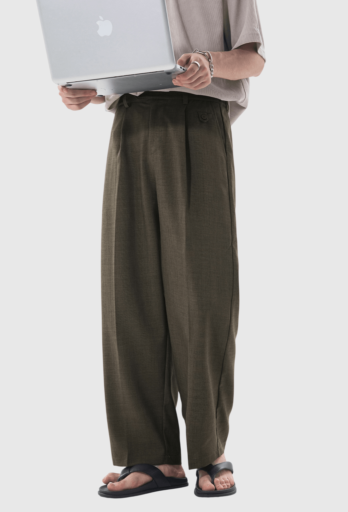 日系基礎鈕扣帶設計 垂感透氣闊腳西裝九分褲 [SBP-1205]