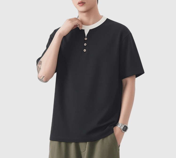 復古色系層次假兩件式鈕扣設計 短袖 T-Shirt [SBT-1569]