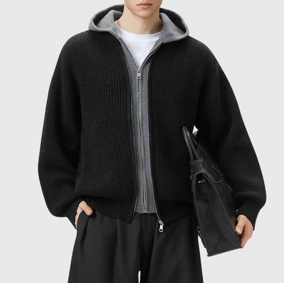 日系撞色層次假兩件式 粗線針織長袖外套 [SBO-1420]