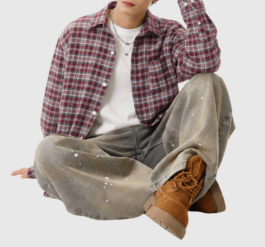 復古基礎色系撞色格仔紋理工藝 長袖恤衫 [SBS-1376]