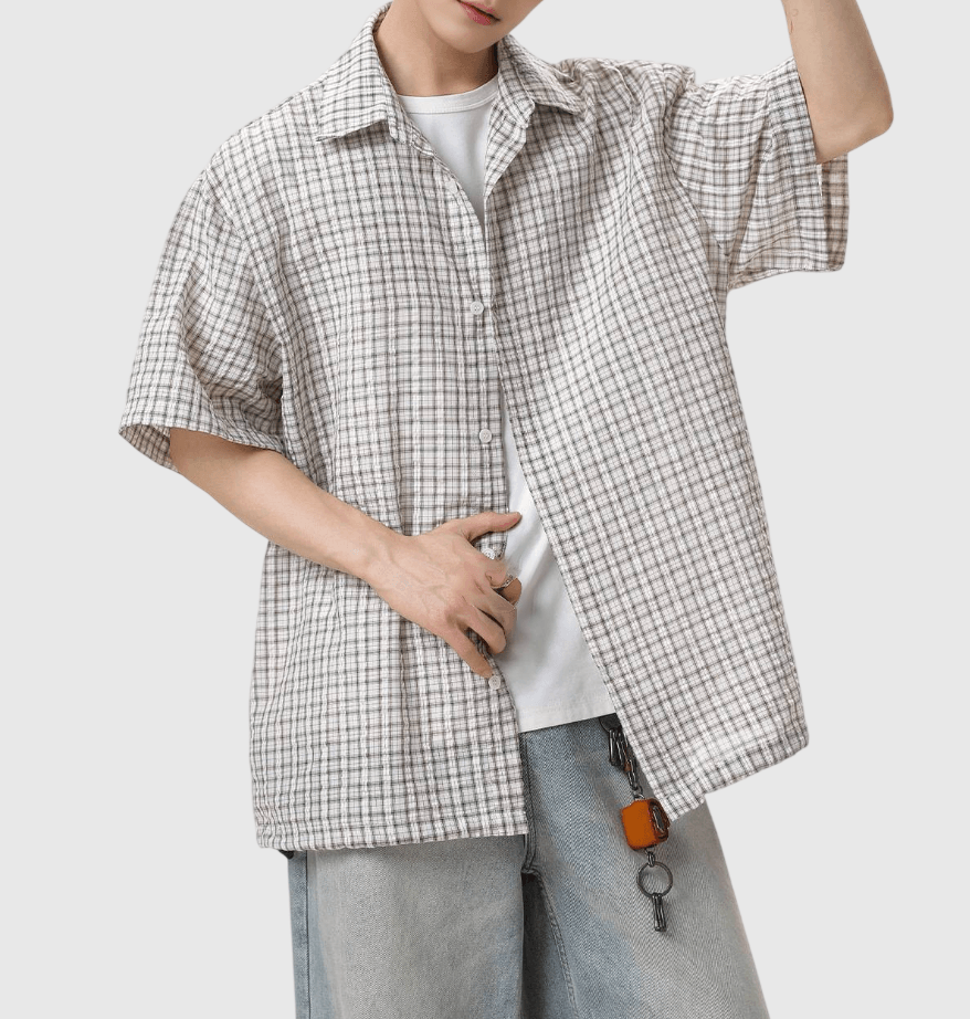 日系基礎細格仔皺褶紋理工藝 透氣短袖恤衫 [SBS-1394]