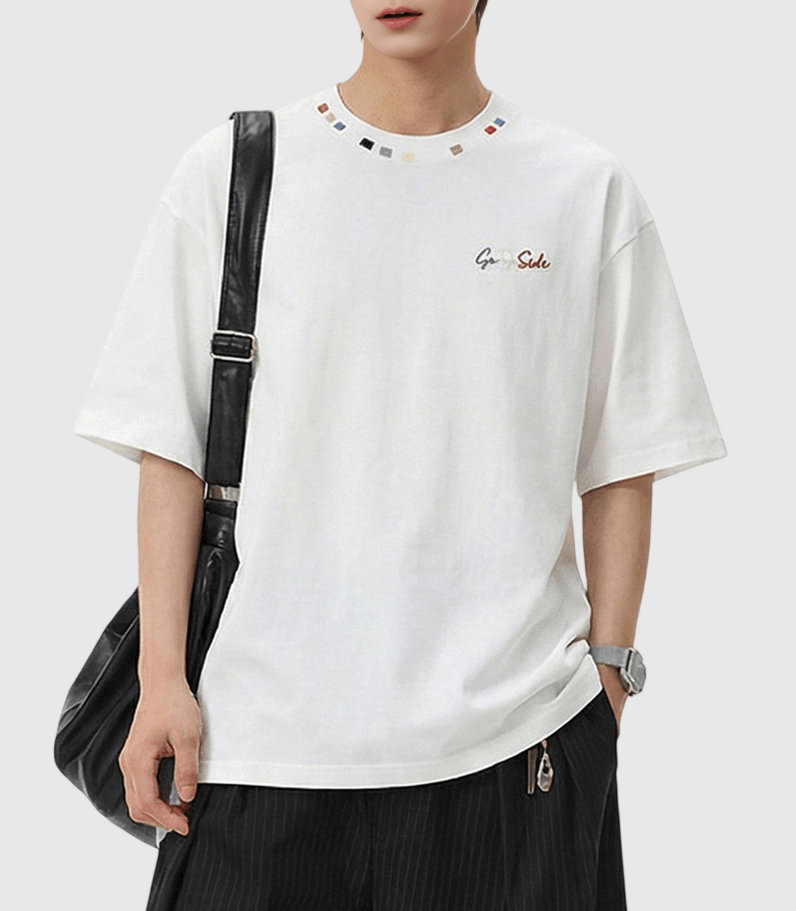 復古領口色彩設計刺繡 純棉短袖 T-Shirt [SBT-1484]