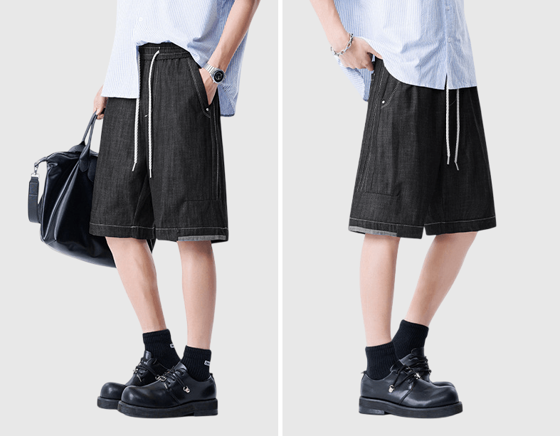 日系褲腳色系拼布設計 仿牛仔透氣短褲 [SBST-1167]