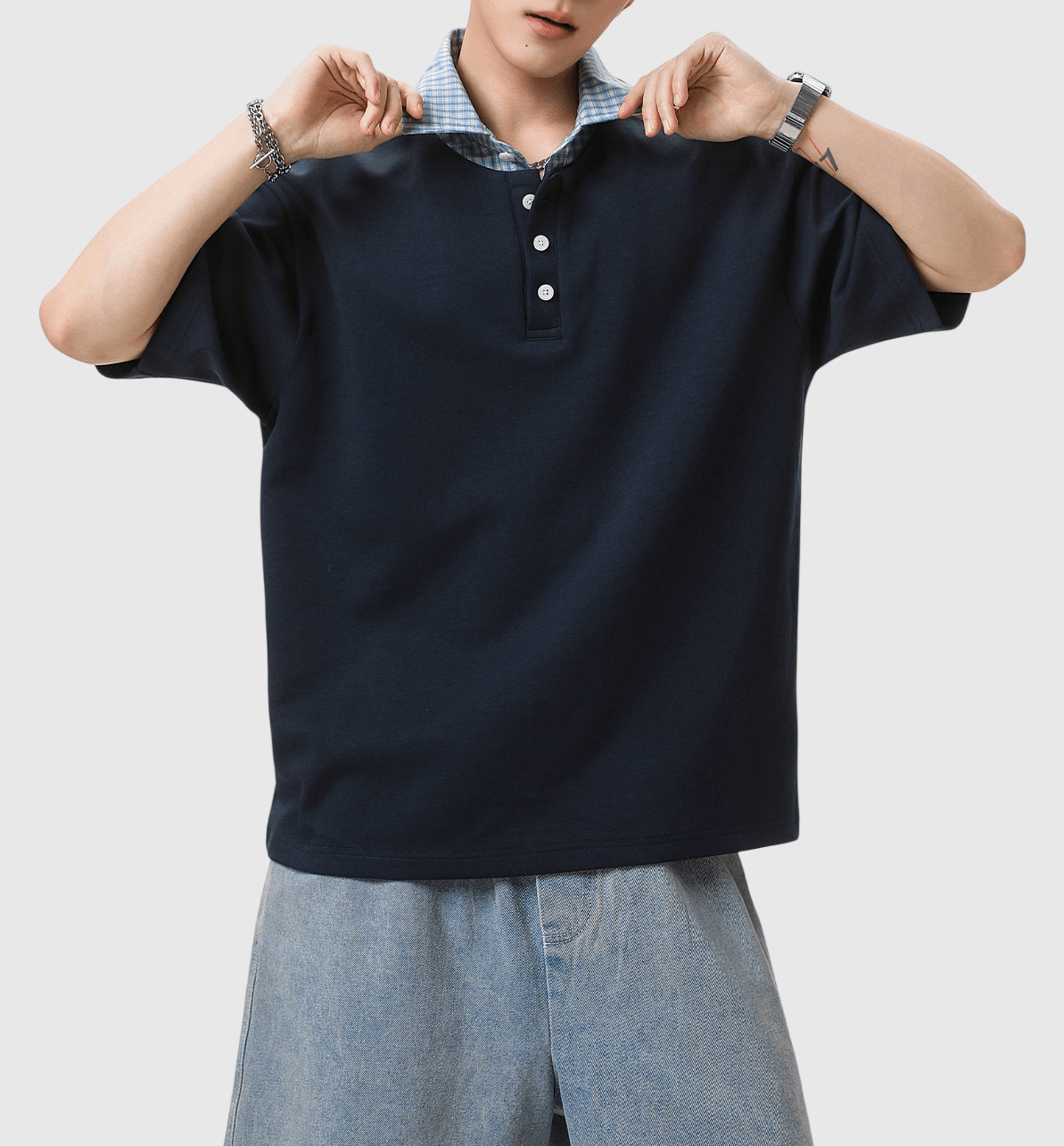 假兩件式半開襟鈕扣設計 短袖 POLO T-Shirt [SBT-1561]