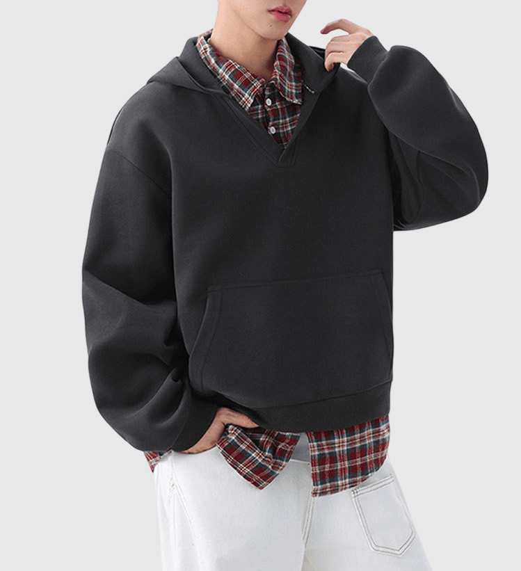 假兩件式格仔恤衫拼接 重磅連帽衛衣 [CBH-1023]