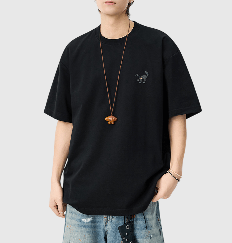 卡通貓仔細圖案刺繡 短袖 T-Shirt [SBT-1506]