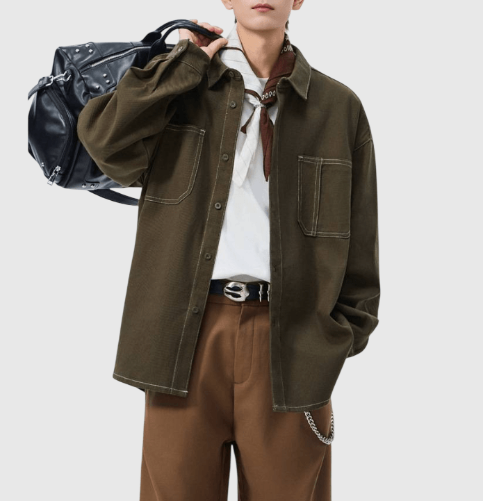 日系輕復古雙設計前袋縫紉 純棉長袖恤衫 [SBS-1207]