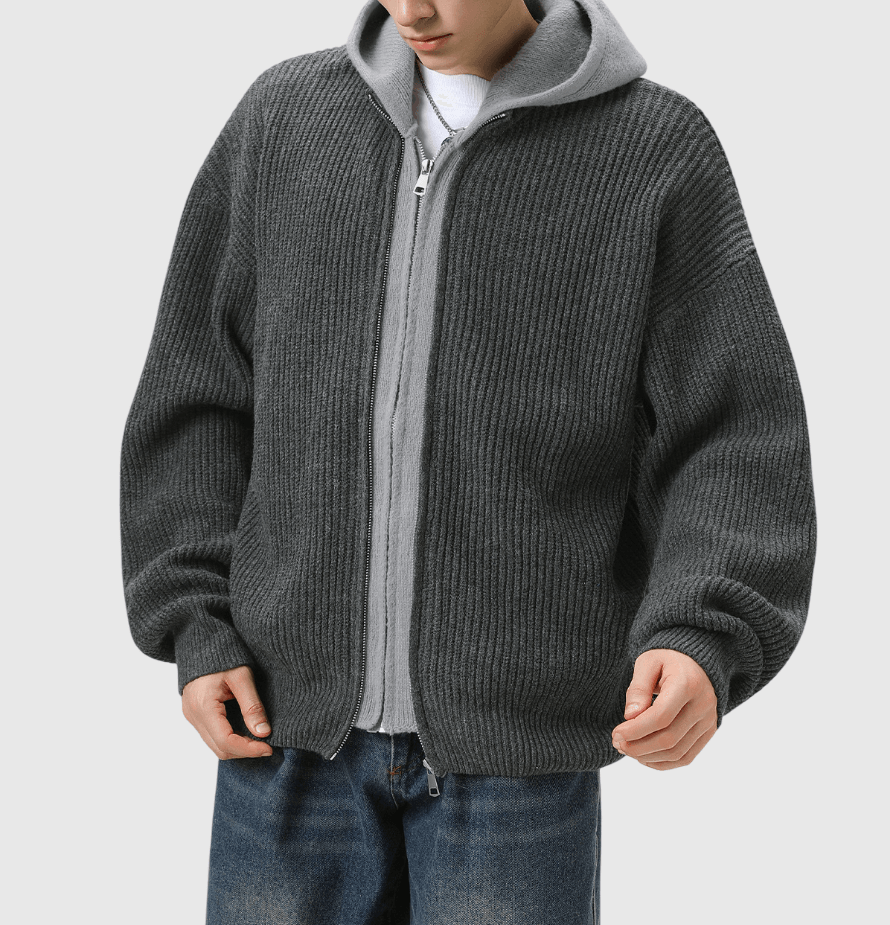 日系撞色層次假兩件式 粗線針織長袖外套 [SBO-1420]