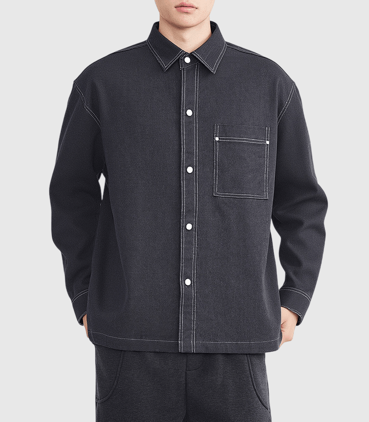 日系輕復古前袋輯明線縫紉 長袖恤衫 [SBS-1382]