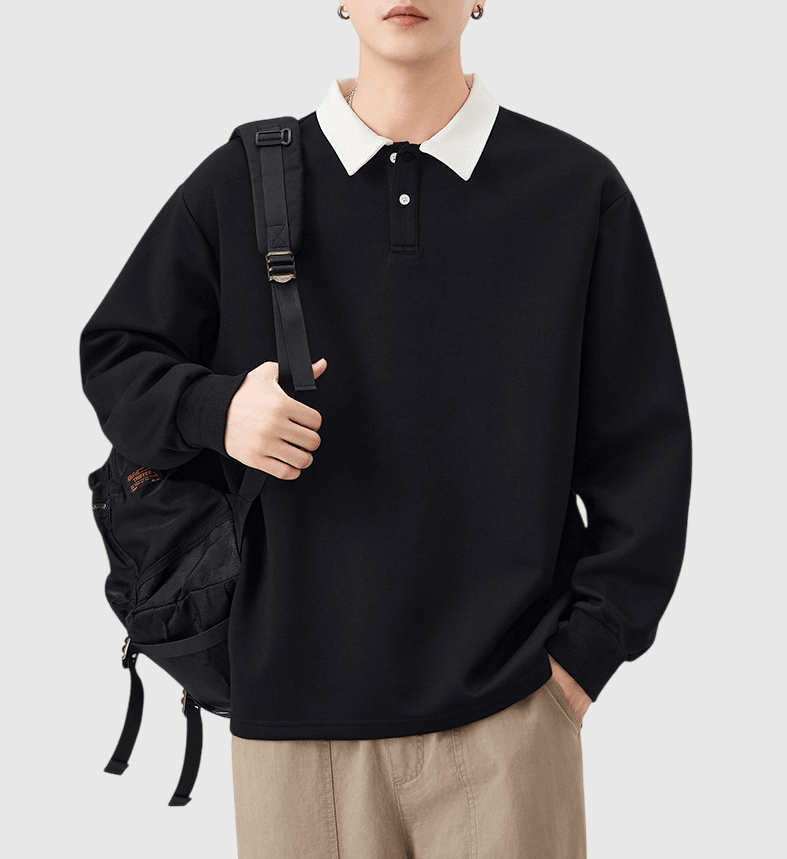 日系基礎撞色領口拼接設計 長袖 POLO T-Shirt [SBT-1468]