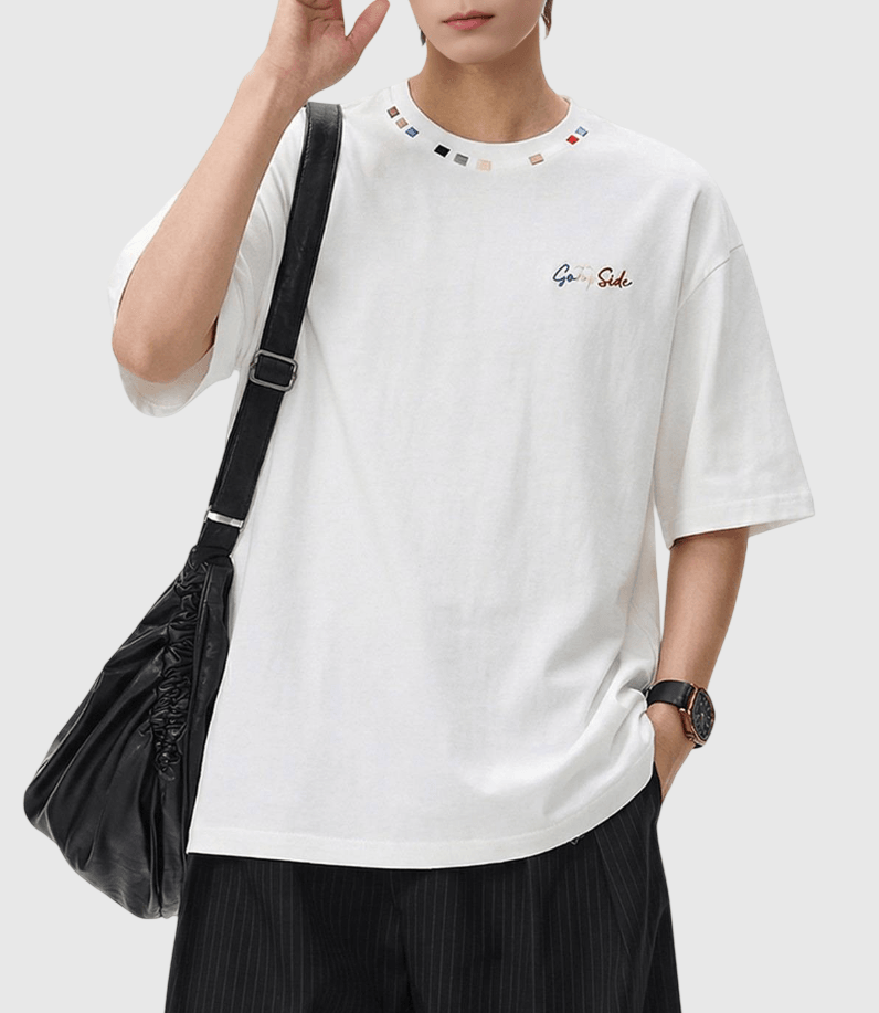 復古領口色彩設計刺繡 純棉短袖 T-Shirt [SBT-1484]