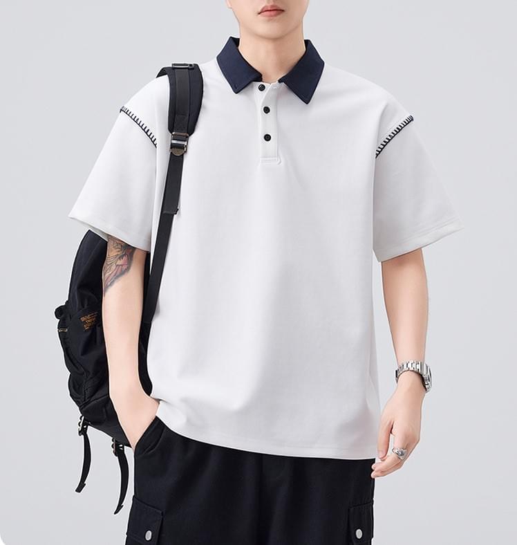 日系領口撞色手袖縫線設計 短袖 POLO T-Shirt [SBT-1419]