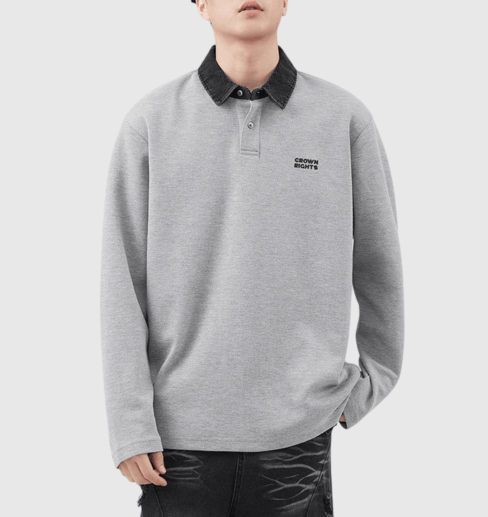 日系細文字刺繡領口撞色拼接 長袖 POLO T-Shirt [SBT-1324]