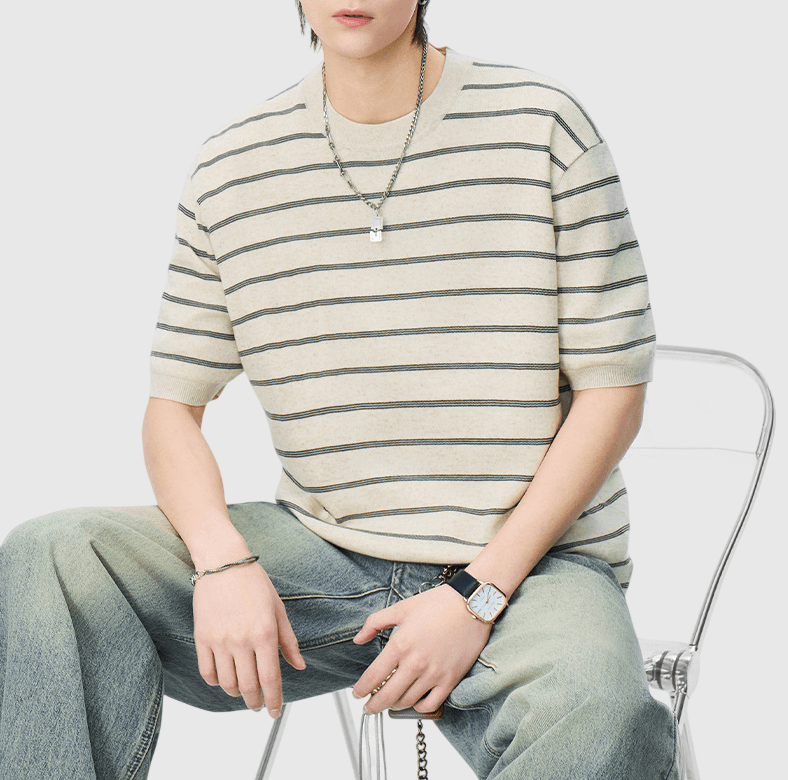 日系橫間條紋肌理紋理設計 麻質針織透氣短袖 T-Shirt [SBT-1537]