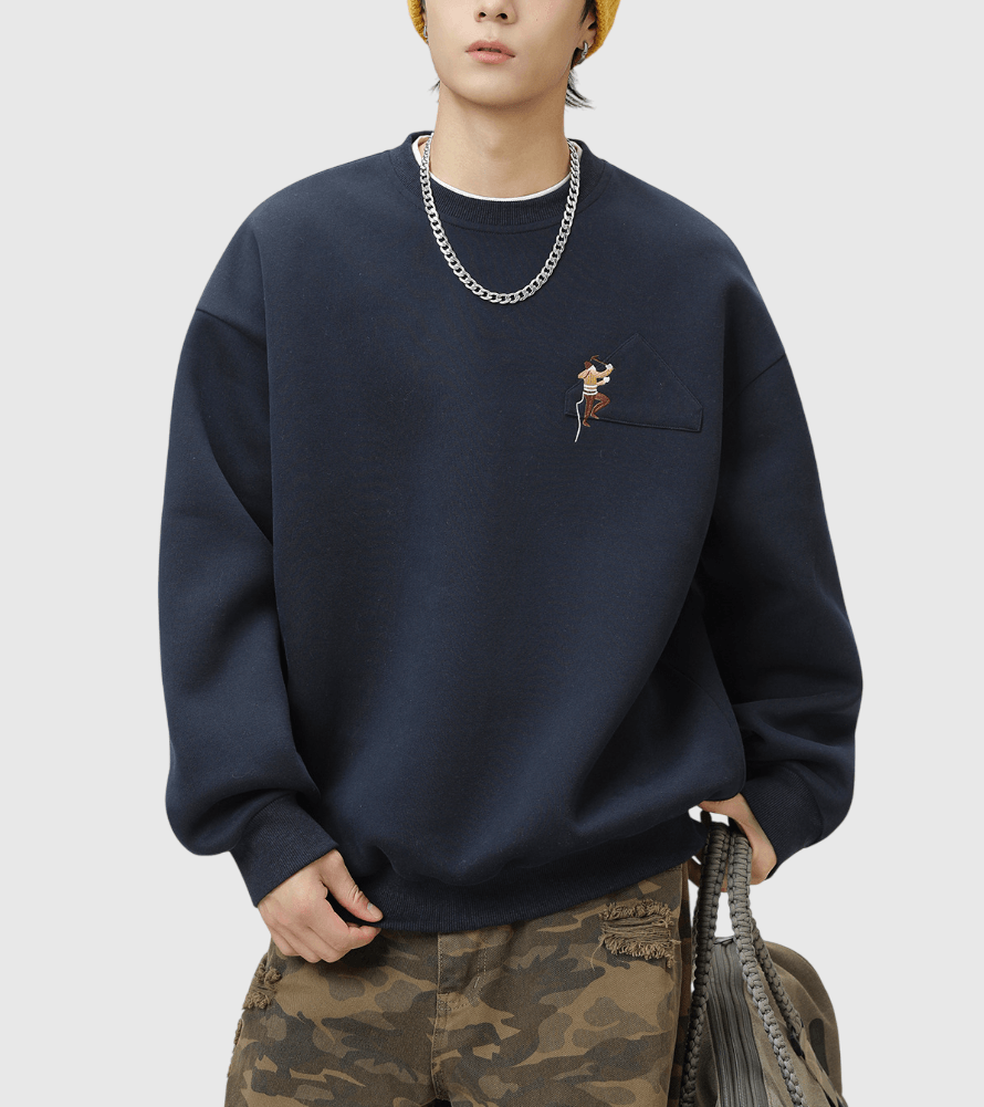 日系登山人像細圖案刺繡 重磅圓領長袖衛衣 [SBH-1281]