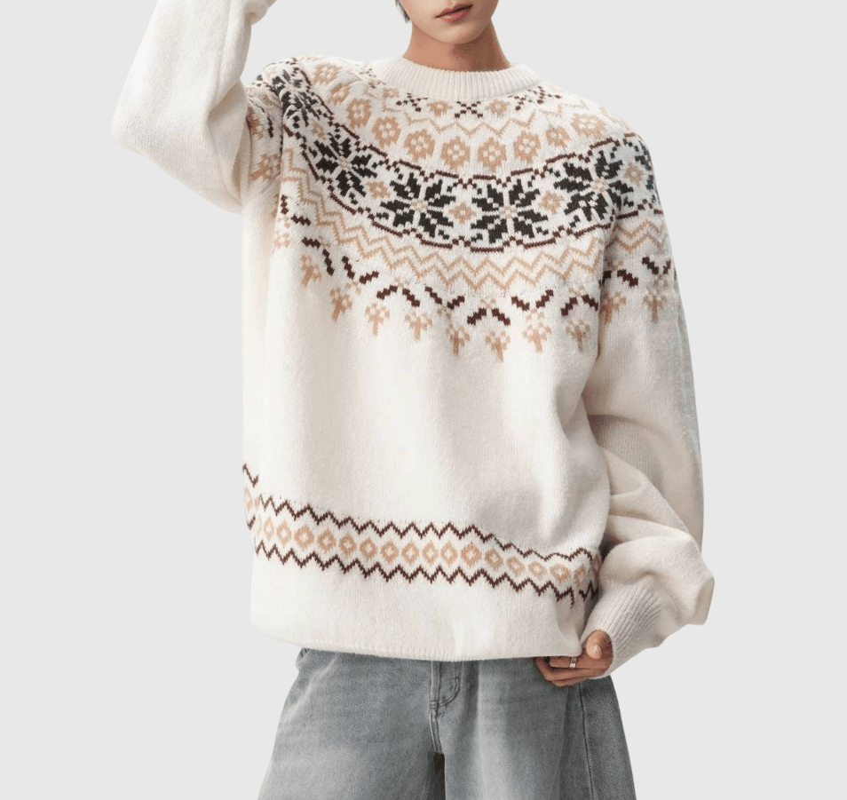 復古半民族風提花圖案 圓領針織毛衣 [SBK-1127]