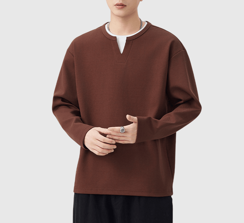 日系層次假兩件式設計 V 領重磅長袖 T-Shirt [SBT-1453] 