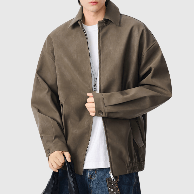 日系基礎輕水洗紮染雙側袋設計 長袖皮革外套 [SBO-1476]