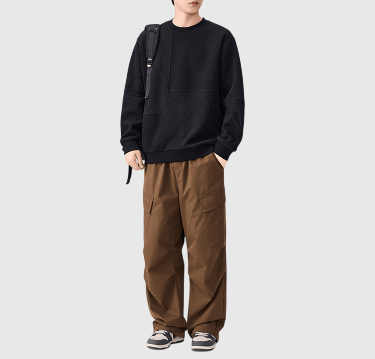 復古車縫色塊紋理拼布 圓領長袖衛衣 [SBH-1343]