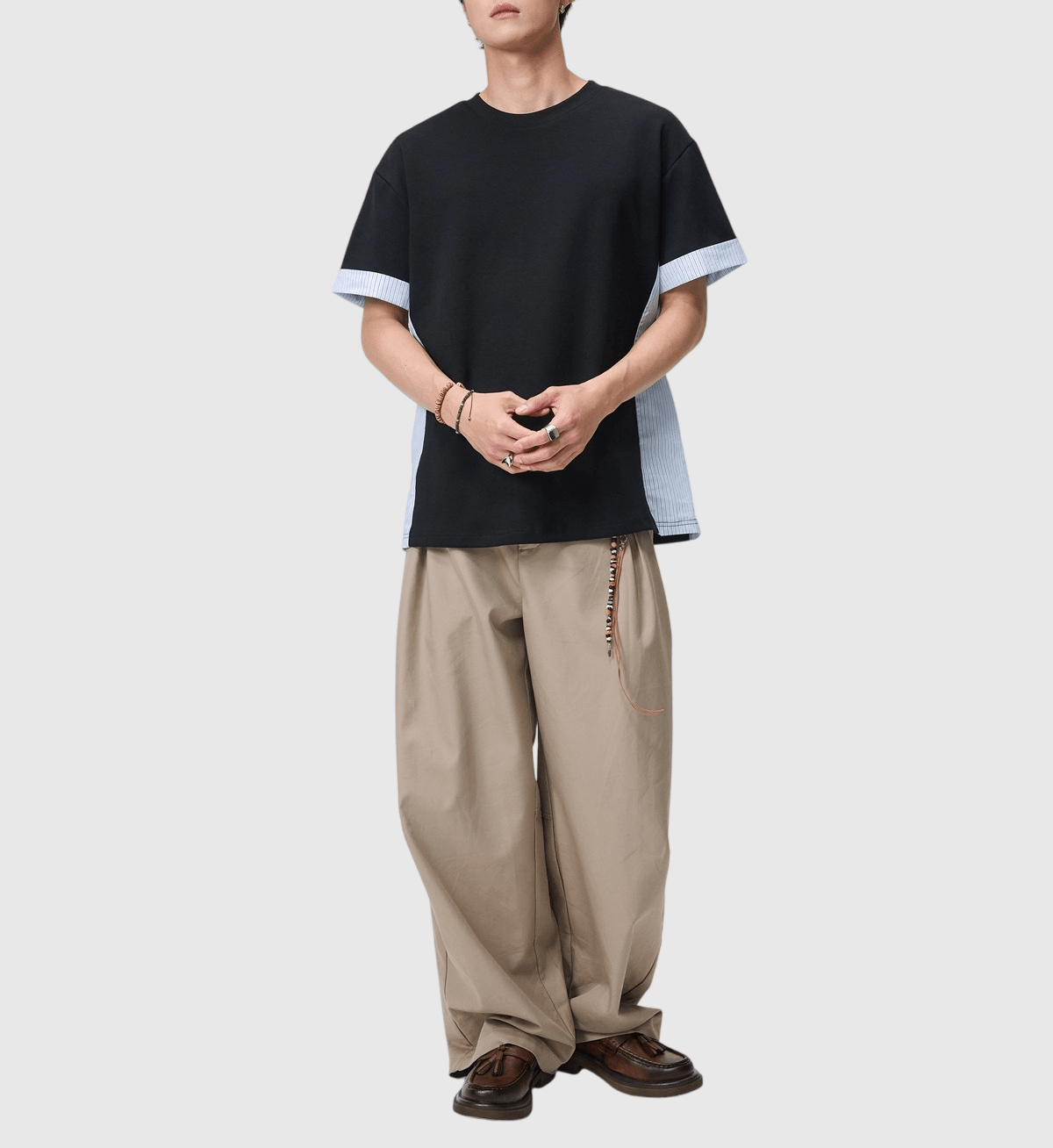 日系條紋拼布縫紉拼接設計 短袖 T-Shirt [SBT-1578]