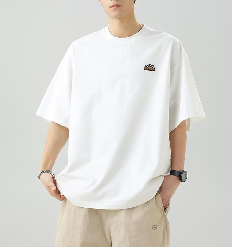山系撞色細圖案文字刺繡 純棉短袖 T-Shirt [SBT-1328]