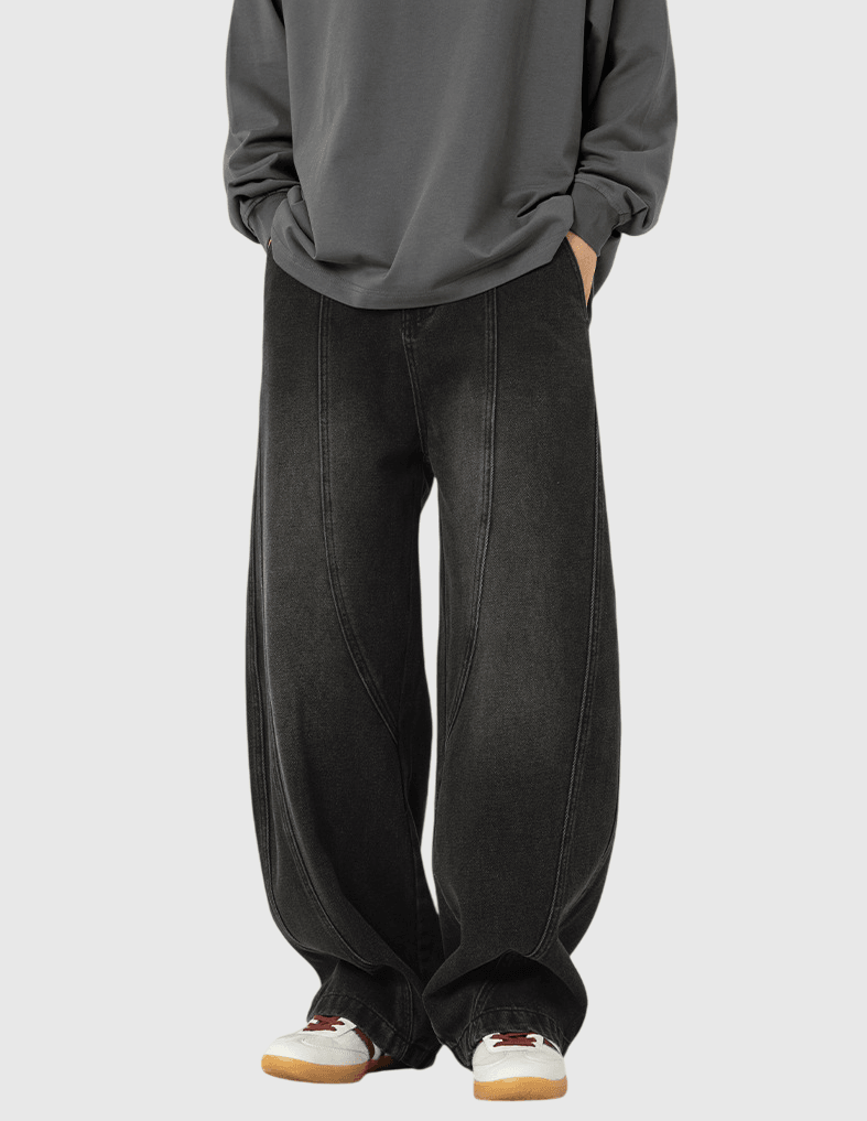 復古洗水立體縫線設計 闊腳牛仔直筒長褲 [SBP-1189]