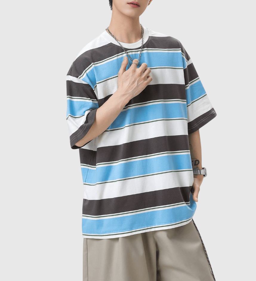 色系撞色橫間闊條紋設計 短袖 T-Shirt [SBT-1513]